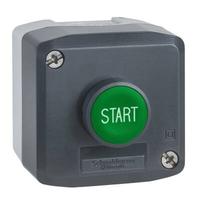 Harmony XALD, XALK, Control station, plastic, dark grey lid, 1 green flush push button Ø22, spring return, marked START, 1 NO - 1
