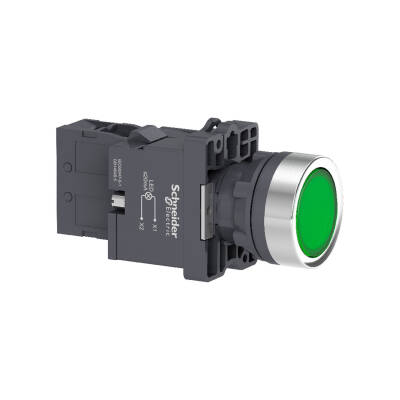 green flush complete illum push-button - Ø22 - flush - 220V AC - 1NO - 1