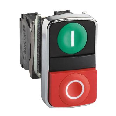 Harmony XB4, Double-headed push button, metal, Ø22, 1 green flush marked I + 1 red projecting marked O, 1 NO + 1 NC - 1