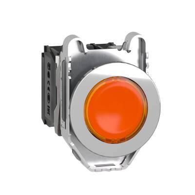 Harmony XB4, Illuminated push button flush mounted, metal, orange, Ø30, integral LED, 230V AC 1 NO + 1 NC - 1