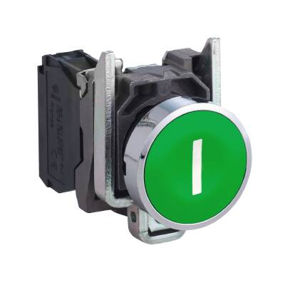 Harmony XB4, Push button, metal, flush, green, Ø22, spring return, marked I, 1NO - 1