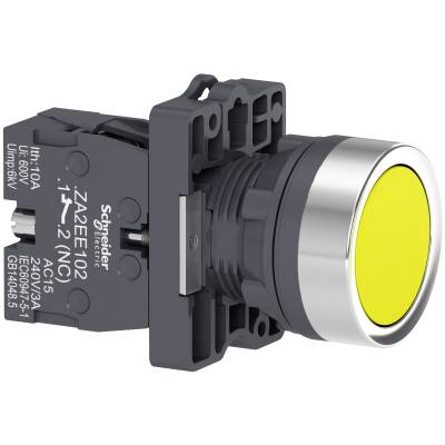 round yellow push-button Ø 22 - flush spring return - 1NO - 1